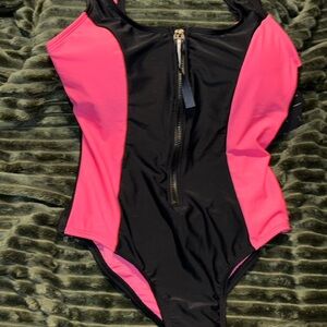 TOMMY HILFIGER One-piece Black and Pink Zip-Front Swimsuit
